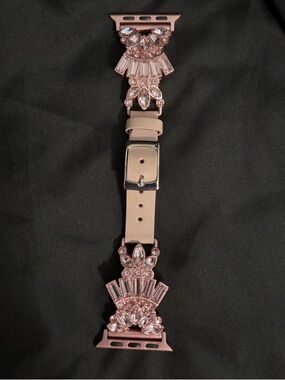 Rhinestone Embellished Pink Leather Apple Watch Band W/Rose Gold Accents